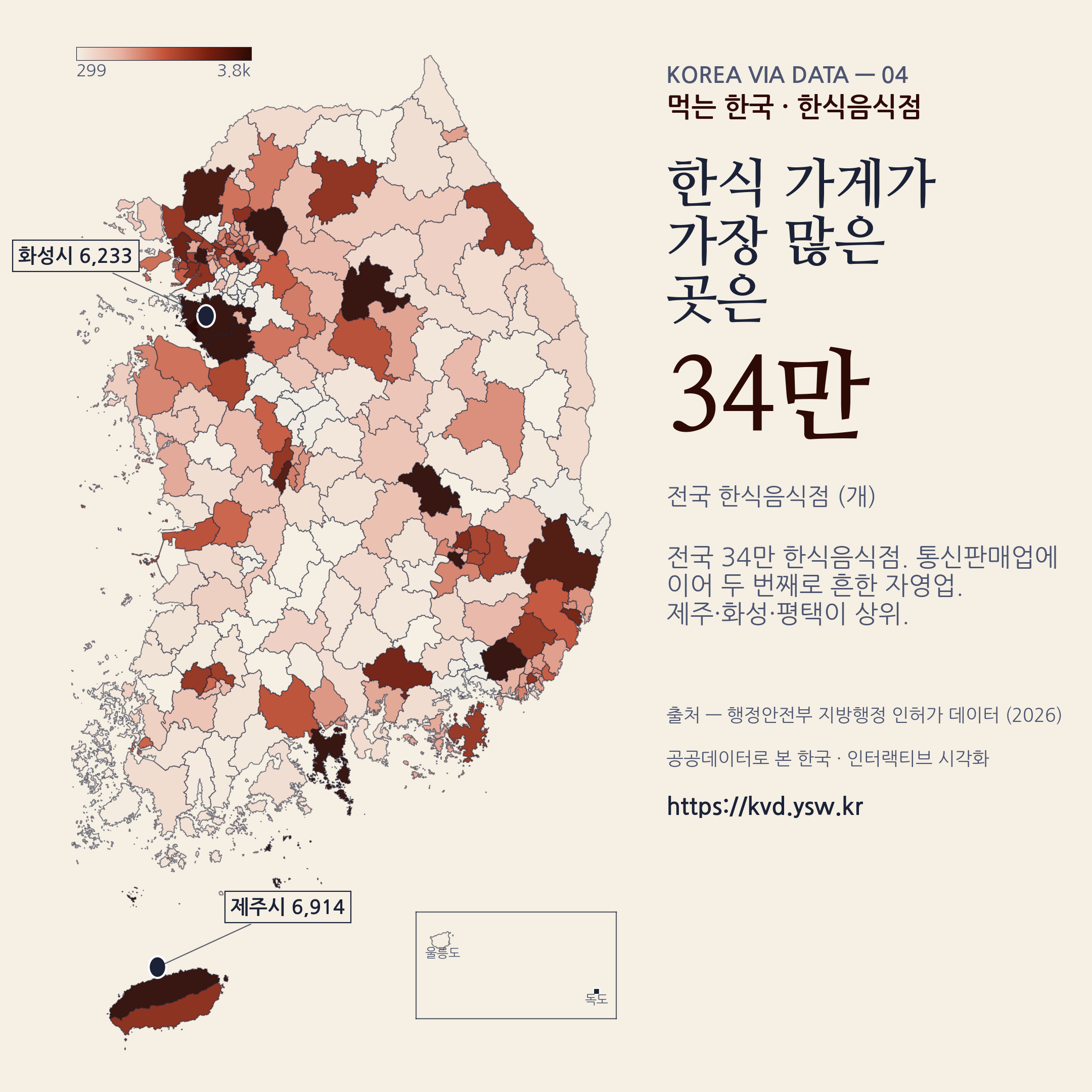 먹는 한국 — 한식음식점 34만 개. 제주·화성·평택 상위.