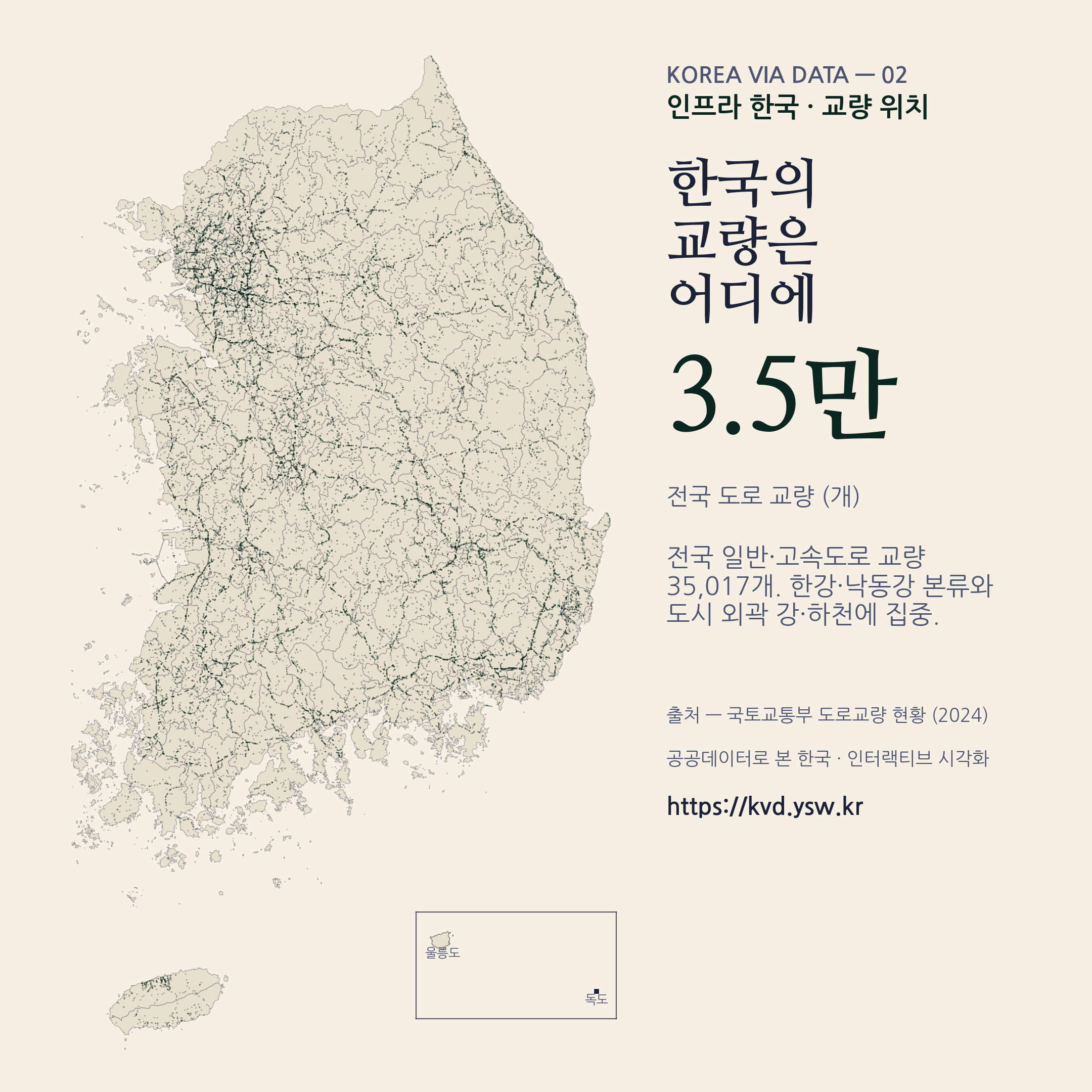 전국 도로 교량 3.5만 개 분포 지도.