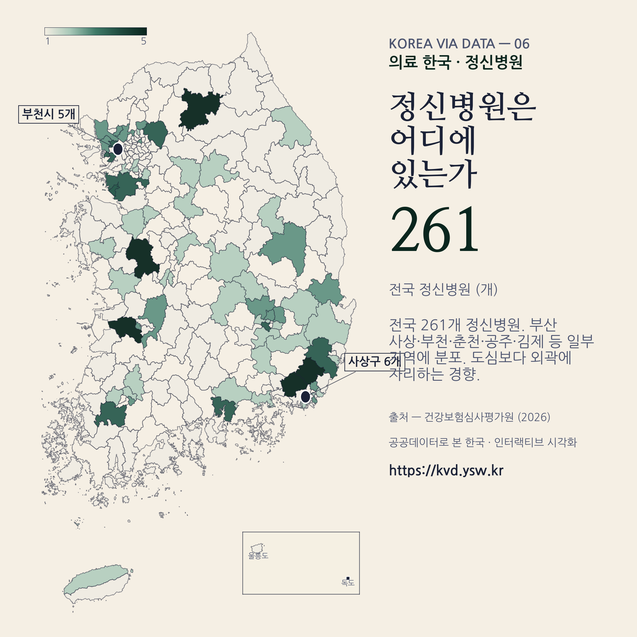 정신병원 261개, 사상·부천·춘천·공주·김제 등 외곽 분포.